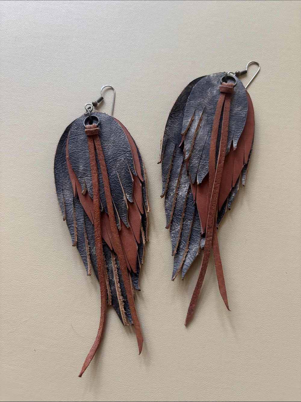 Handcrafted Brown and Gray Leather Fringe Earrings. Made by local Artisan.